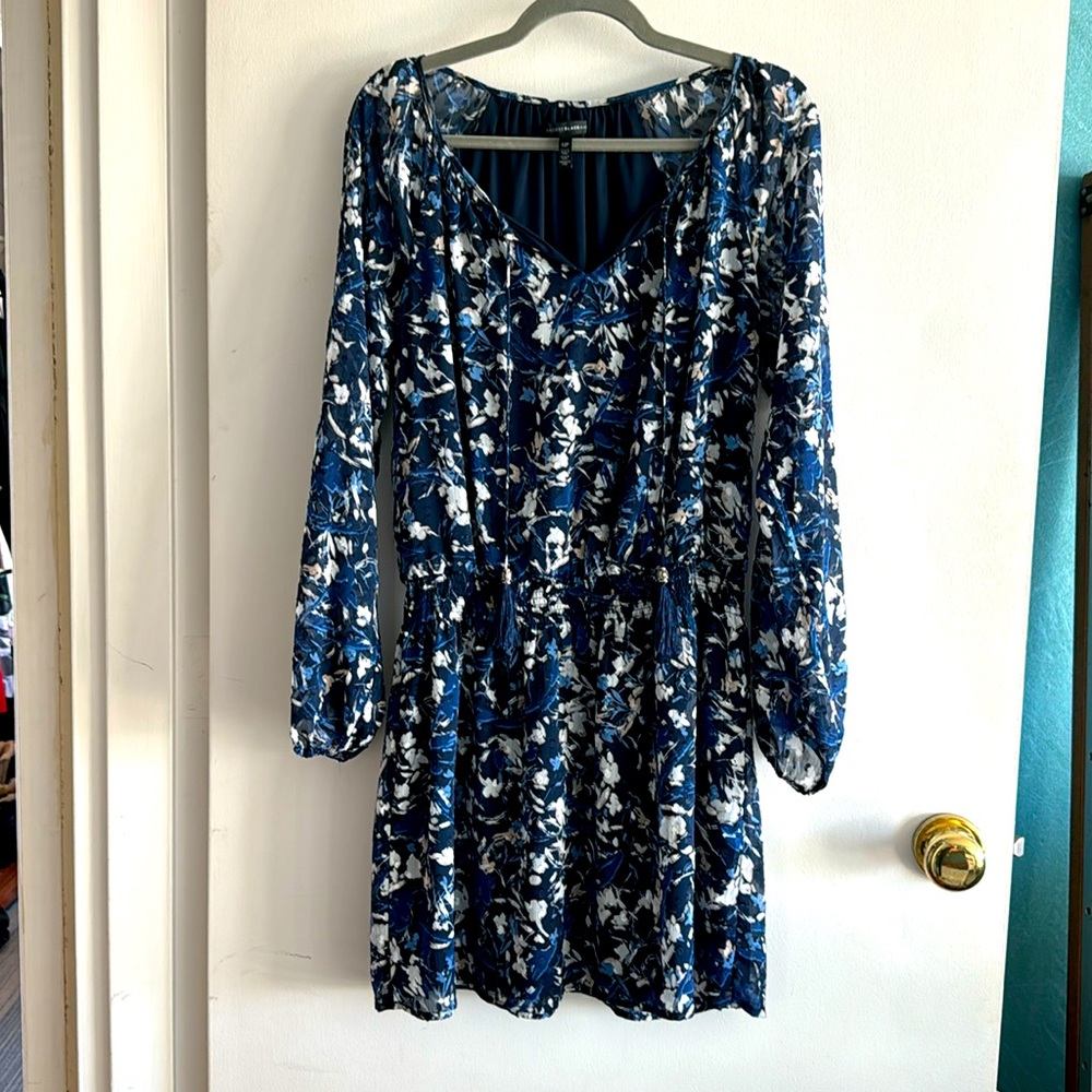 WHBM 12p Blue Floral Long Sleeve Open Shoulder Dress
